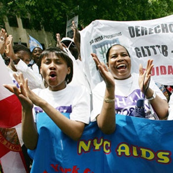 Women march for AIDS relief outside the United Nations in New York City.
